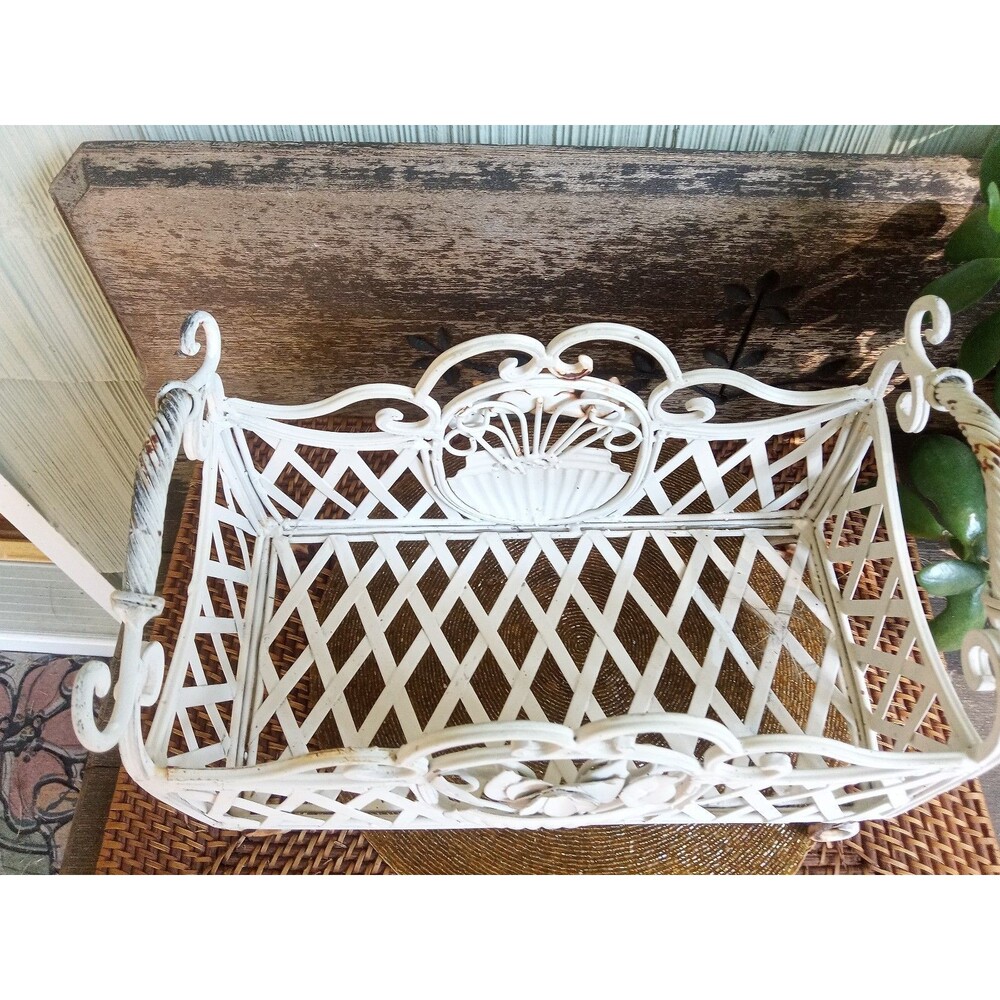 Wrought Iron Planter, Ornate Scrollwork, 1920's Antique, White 24x7, two 6" pots - Picture 8 of 15
